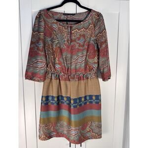 ZARA Paisley Mixed Print Moroccan Dress M Boho 3/4 Sleeve Tie Neck A-Line Mini